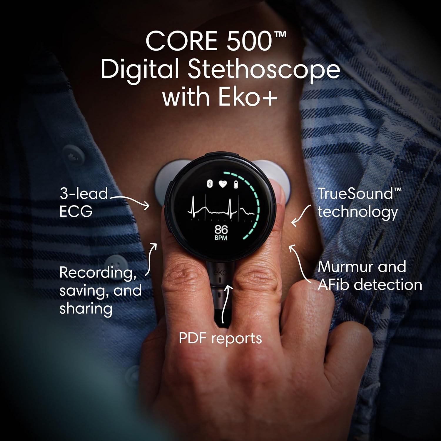 CORE 500™ Digital Stethoscope — 40x Amplification, Active Noise Cancellation, 3-Lead ECG, FDA-Cleared AI with +, Full-Color Display, Reimbursement Eligible — Silver, COR503-SLV